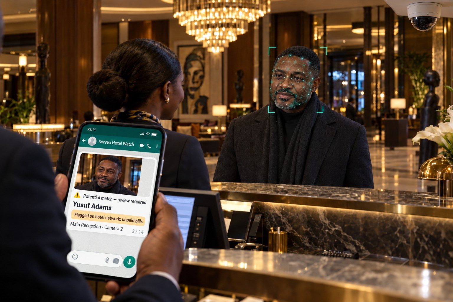 Hotel receptionist receiving a Sorveo Hospitality Intelligence Network alert as a guest arrives at the front desk
